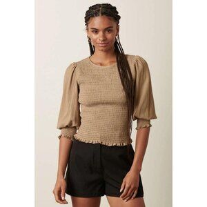 Beige Smocked Blouse with Puff Sleeves